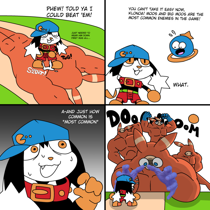 1:1 absurd_res ambiguous_gender anthro belt bodily_fluids clothing collar comic cum cum_leaking dialogue english_text footwear genital_fluids gloves group handwear hat headgear headwear hi_res huepow humor klonoa klonoa_(series) moo_(klonoa) muscular onomatopoeia perinia shoes sound_effects stock_image text video_games