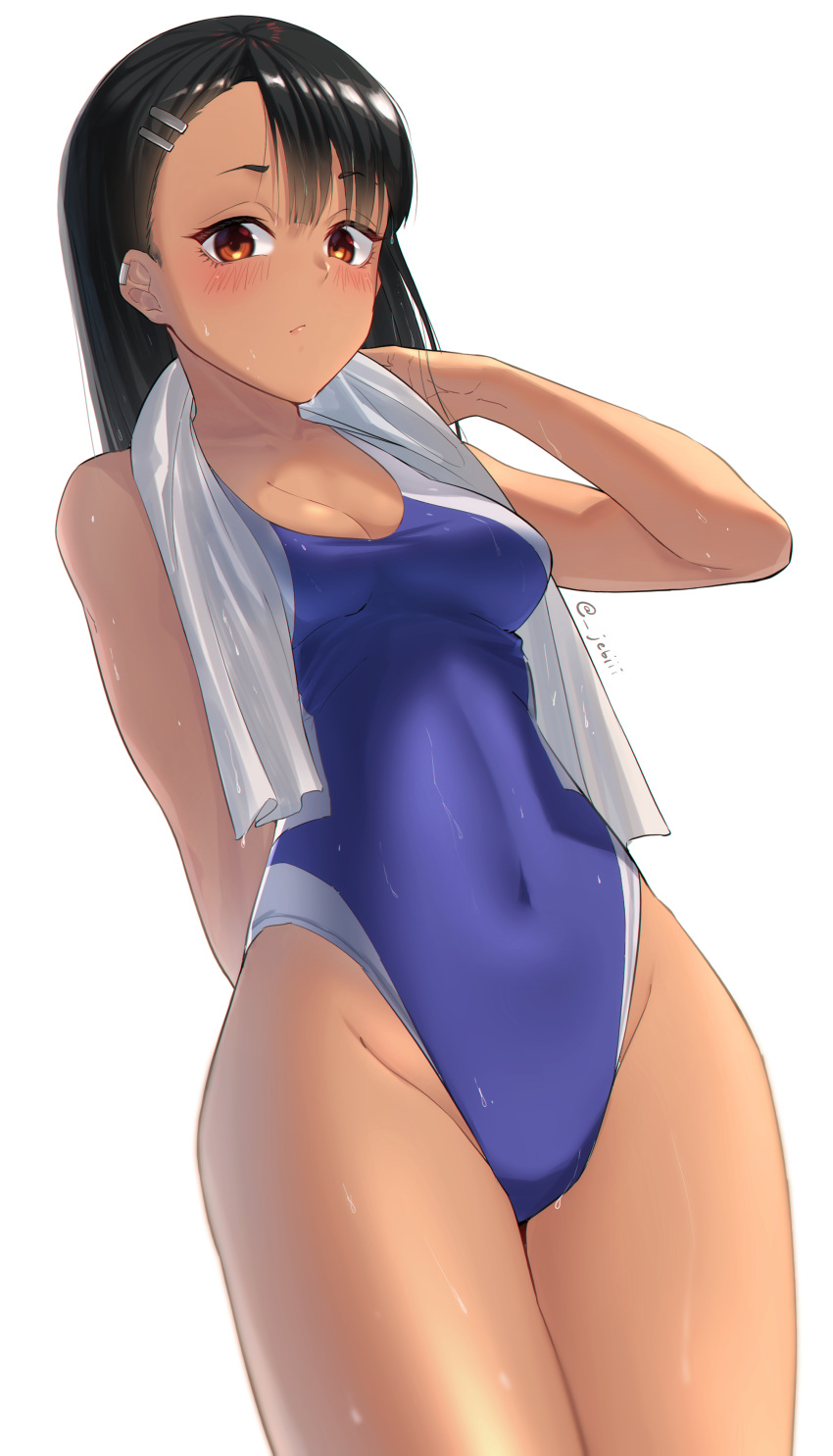 1girls black_hair blush breasts brown_eyes cleavage clothed clothing female_focus female_only hayase_nagatoro hi_res jebi long_hair looking_at_viewer navel please_don't_bully_me,_nagatoro pose revealing_clothes simple_background small_breasts solo swimsuit watermark wet white_background wide_hips