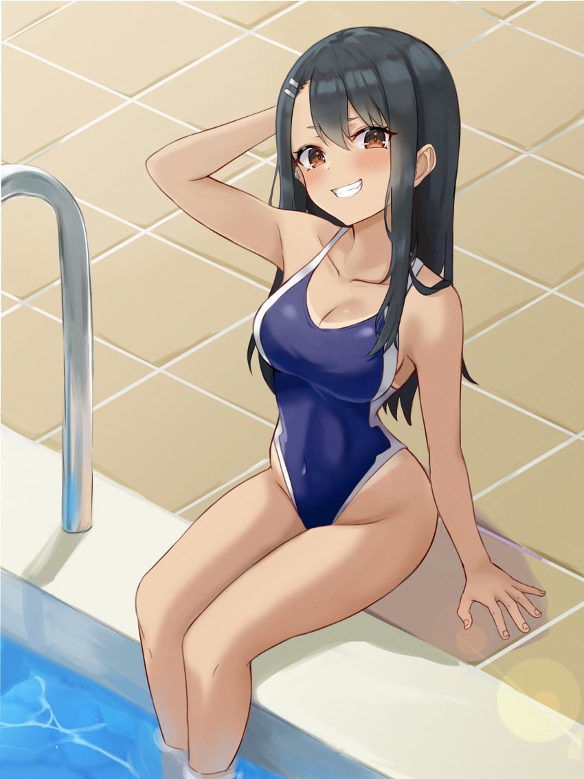 1girls big_breasts black_hair blush breasts brown_eyes cleavage clothed clothing female_focus female_only hayase_nagatoro hi_res kano_(wi3028) long_hair looking_at_viewer please_don't_bully_me,_nagatoro pool pose revealing_clothes simple_background smile solo tanline tanned