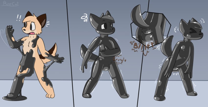 anthro canid canine clothing feces feces_in_ass feces_on_body feces_on_butt fox latex_transformation male mammal ritzcat rubber rubber_clothing rubber_suit scat scat soiled soiling solo transformation