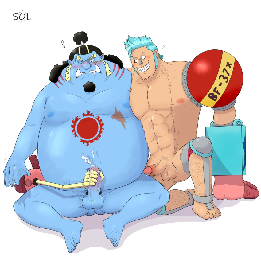 1:1 2021 2boys anthro balls belly blue_body blush boner duo erection fish-men_(one_piece) franky gay genitals handjob hi_res human jinbe male male/male male_only mammal marine moobs muscular muscular_male nipples nude one_piece overweight overweight_male peixealcoolatra penile penis sex sitting yaoi