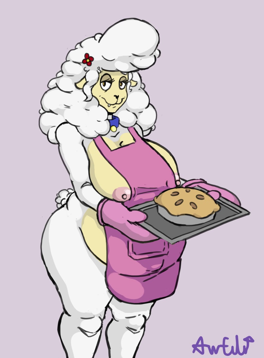 absurd_res accessory anthro apple_pie apron apron_only awful_lad belly big_belly big_breasts bovid breasts caprine clothing collar dessert female flower flower_in_hair food hair hair_accessory hi_res holding_object huge_breasts looking_at_viewer mammal mostly_nude nipple_slip pie plant pregnant sha_(the_walten_files) sheep simple_background solo the_walten_files thick_thighs wardrobe_malfunction wide_hips