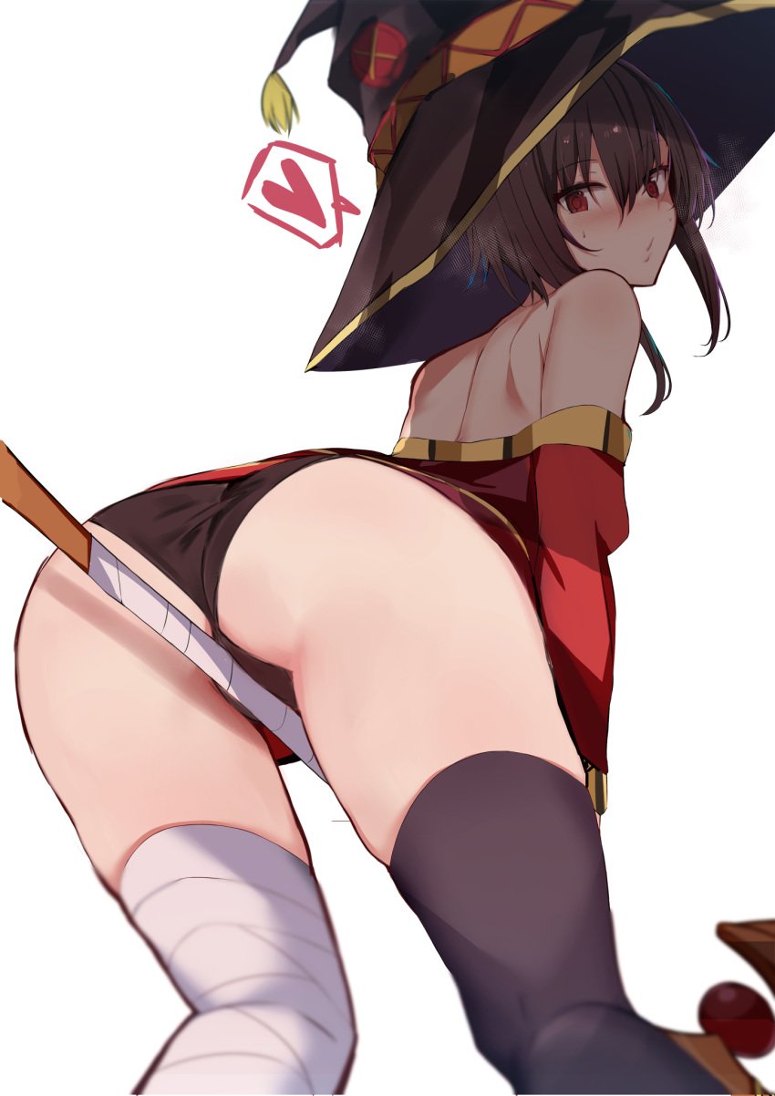 1girls ass black_panties blush eye_contact female hat honky kono_subarashii_sekai_ni_shukufuku_wo! looking_at_viewer megumin muoto panties pantyshot red_eyes solo spoken_heart thick_thighs thighs underwear upskirt white_background witch_hat