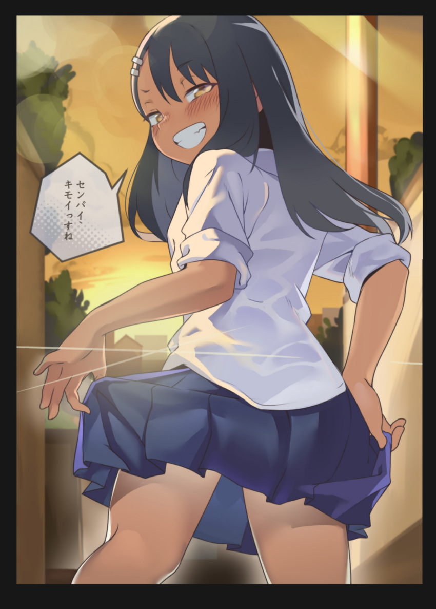 1girls black_hair blush brown_eyes clothed clothing female_focus female_only hayase_nagatoro hi_res japanese_text long_hair looking_at_viewer looking_back please_don't_bully_me,_nagatoro pose revealing_clothes sakurami_ruruko simple_background skirt skirt_lift smile solo text translated