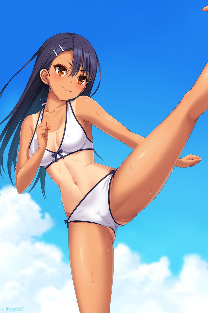 1girls black_hair blush breasts brown_eyes cameltoe clothed clothing cygnus_(cygnus7) female_focus female_only hayase_nagatoro hi_res long_hair looking_at_viewer medium_breasts navel please_don't_bully_me,_nagatoro pose revealing_clothes simple_background smile solo spread_legs tanline tanned wet