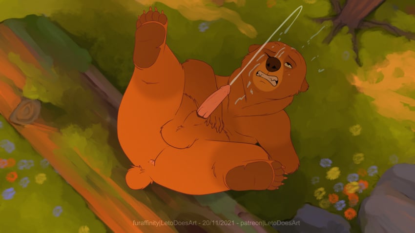 16:9 balls bear bodily_fluids brother_bear cum cum_on_face cum_on_own_face cum_on_self cumshot disney ejaculation feral forest genital_fluids genitals kenai letodoesart male male_only mammal outdoors penis plant solo testicles tree ursa ursid ursine widescreen