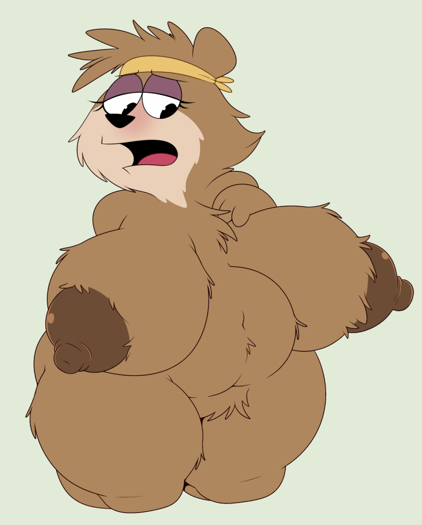 anthro belly black_eyes black_nose breasts brown_bear brown_body brown_fur brown_nipples cindy_bear colored eyelashes eyeshadow female fur handband hanging_breasts hanna-barbera hi_res jellystone_(hbo_max) looking_down makeup mammal navel nipples open_mouth overweight overweight_female sbshouseofpancakes solo tan_body tan_fur ursid ursine yogi_bear