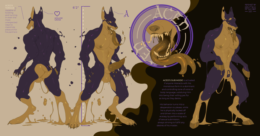 absurd_res aced_dobie bassenji black_goo bodily_fluids bondage canid canine canis chastity_bulge chastity_device claws dobermann domestic_dog dominant english_text equid equine genitals goo_(disambiguation) goo_creature hi_res hooves horse lore male mammal model_sheet monster muscular nub_tail null_bulge paws pecs pinscher rubber solo submissive tall text tongue