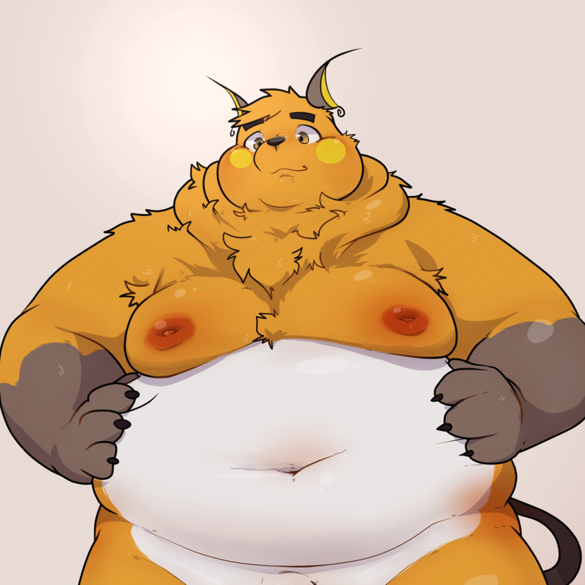 1:1 2021 absurd_res anthro barely_visible_genitalia barely_visible_penis belly genitals hi_res humanoid_hands male moobs navel nintendo nipples obese obese_male orange_body overweight overweight_male penis pokémon_(species) pokemon pokemon_(species) qqmelon888 raichu simple_background solo video_games white_body