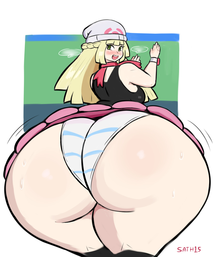 1girls blonde_hair blush breasts dawn_(pokemon)_(cosplay) eye_contact green_eyes hat huge_ass large_ass lillie_(pokemon) long_hair looking_at_viewer nintendo pokemon pokemon_dppt pokemon_sm sath15 shimapan skirt standing thick_thighs thighs