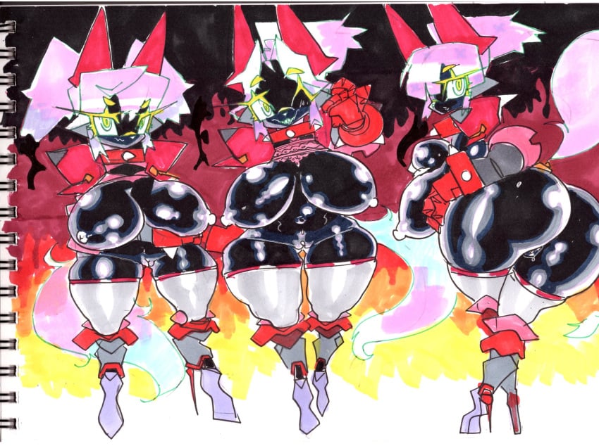 android anthro ass big_breasts big_butt black_body black_skin breast_squish breasts canid canine clothing collar female genitals glistening glistening_body group gynoidherring hair hand_on_hip hi_res high_heels holding_breast huge_breasts huge_butt huge_hips humanoid legwear looking_at_viewer looking_back machine mammal mostly_nude nipples one_eye_closed pink_hair pussy robot smile spiked_collar spikes squish thick_thighs thigh_highs traditional_media_(artwork) wide_hips wink yellow_eyes