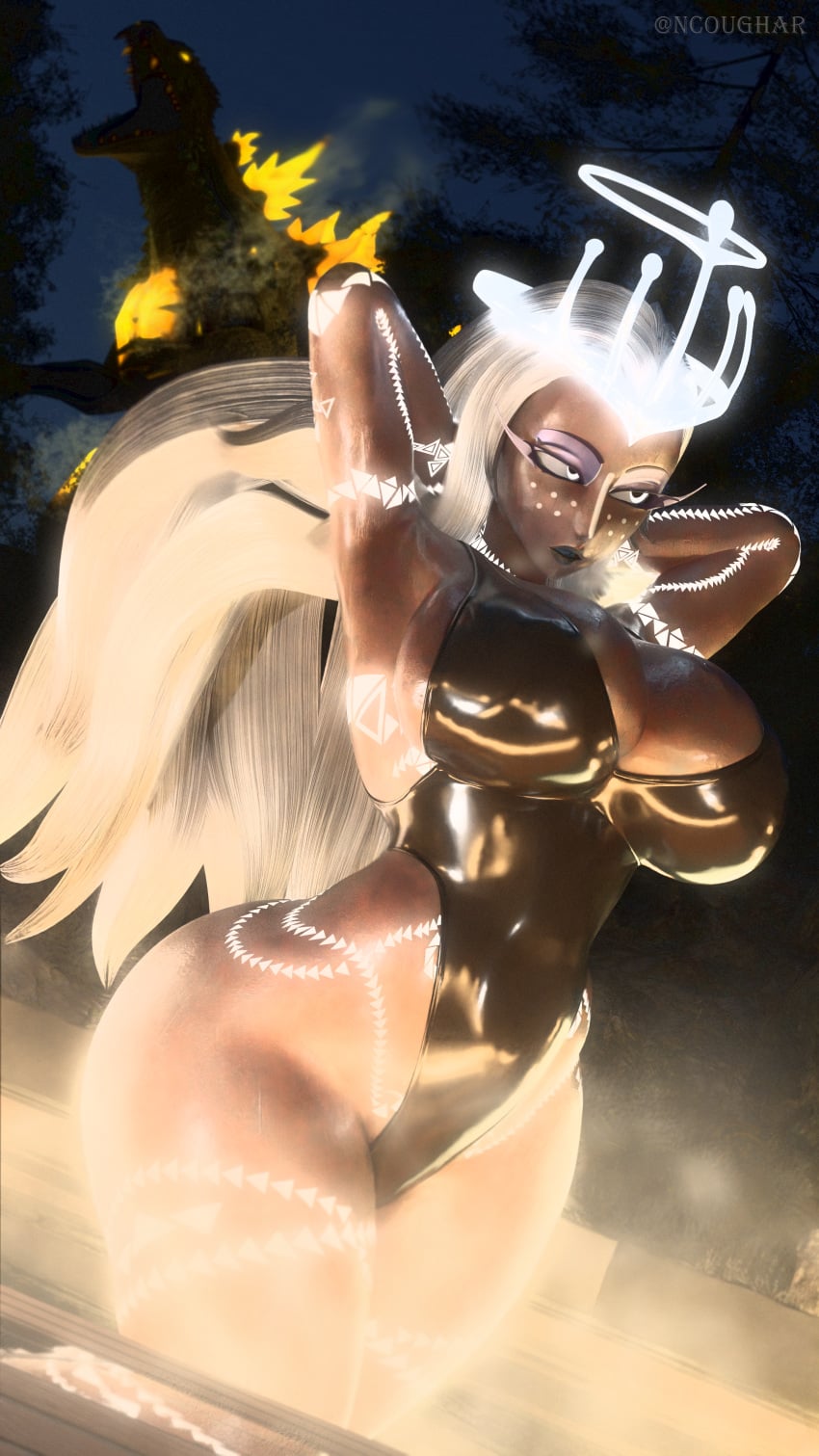 3d angel big_ass big_breasts blender burning_godzilla bysamzan crown godzilla_(series) grey_body halo hazbin_hotel hazbin_hotel_(season_2) hot_spring ncoughar one_piece_swimsuit relaxing sera_(hazbin_hotel) steam white_hair