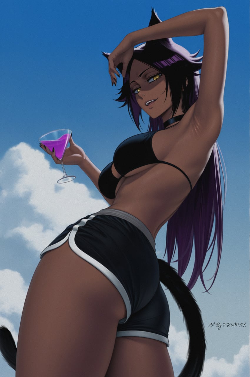 1girl 1girls armpits artist_signature ass big_breasts black_nails bleach bleach:_the_thousand-year_blood_war bra brown_skin cat_ears cat_eyes cat_girl cat_tail catgirl choker clouds dark-skinned_female drinking_glass fangs feline female female_focus female_only fur glass hand_above_head high_resolution highres hot long_hair long_tail nail_polish nails pants prixmal purple_hair seductive seductive_eyes seductive_look seductive_pose seductive_smile sexy sexy_body sexy_clothing sexy_female sexy_pose shihouin_yoruichi sky smile sunlight swimsuit thighs yellow_eyes yoruichi_shihouin