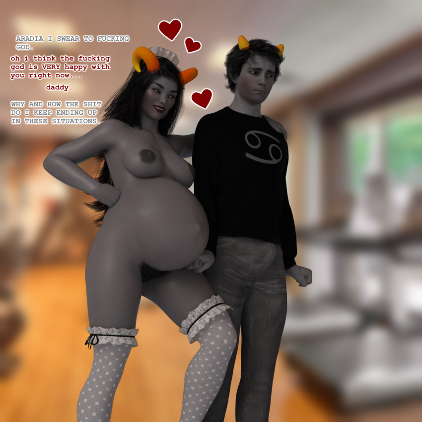 1boy 1girls 3d aradia_megido black_hair blush breasts breedingduties bulge bullying clothing dialogue embarrassed grey_skin heart homestuck horns huge_belly karkat_vantas long_hair maid_headdress ms_paint_adventures nipples pregnant pubic_hair ready_to_pop red_lips short_hair smile straight text troll yellow_eyes