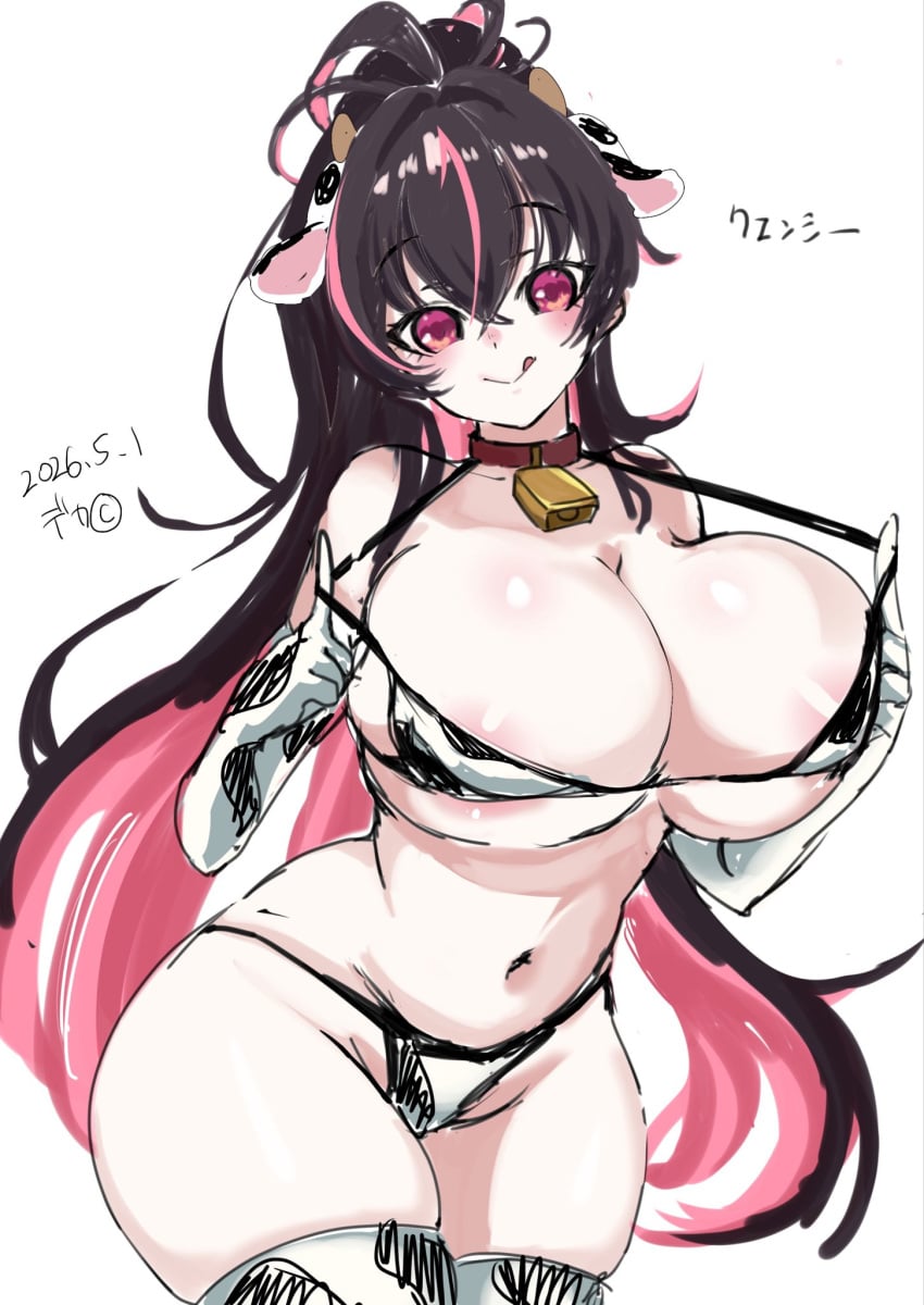 1girl animal_ears animal_print areola_slip bell bikini breasts brown_hair colored_inner_hair commentary_request cow_ears cow_horns cow_print cow_print_bikini cow_print_gloves cow_print_thighhighs cowbell curvy deka_chang elbow_gloves fake_animal_ears fake_horns gloves goddess_of_victory:_nikke highres horns huge_breasts looking_at_viewer multicolored_hair navel pink_eyes pink_hair pink_streaks ponytail print_bikini print_gloves print_thighhighs quency_(nikke) smile solo standing streaked_hair swimsuit thick_thighs thighhighs thighs two-tone_hair white_background