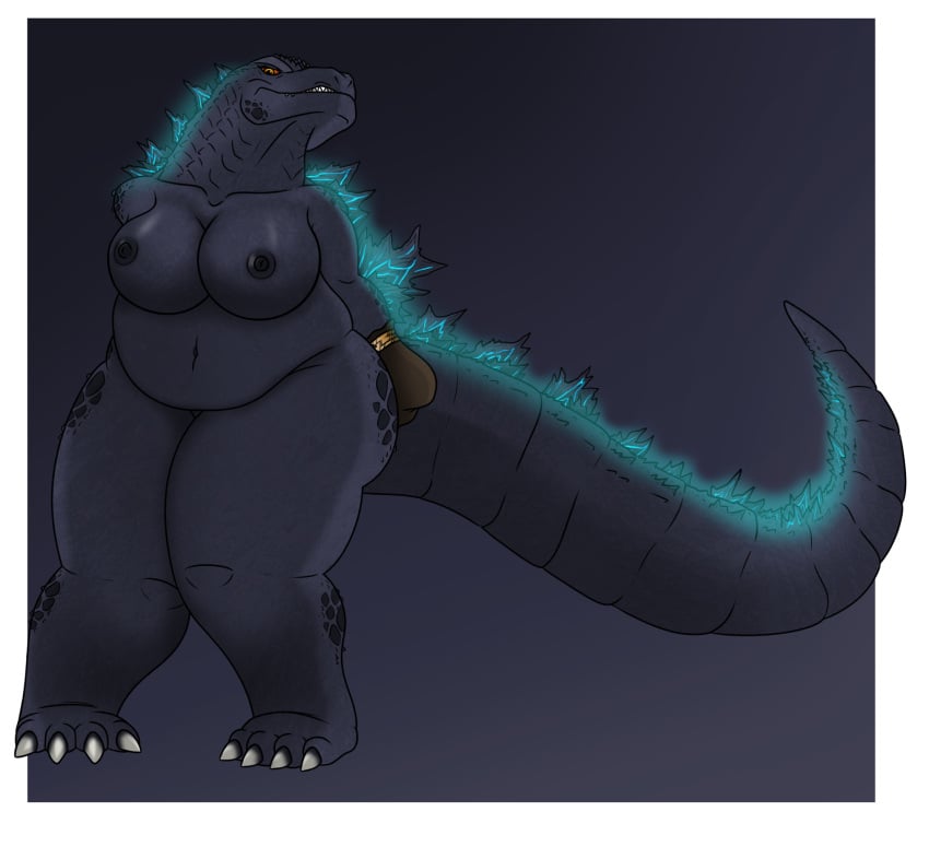 angry anthro arms_tied bagged big_breasts bound breasts female glowing godzilla godzilla_(series) hands_behind_back hi_res kaiju lovemummification nipples non-mammal_breasts non-mammal_nipples nude overweight overweight_female reptile rope scalie snarling solo spikes teeth thick_thighs toho