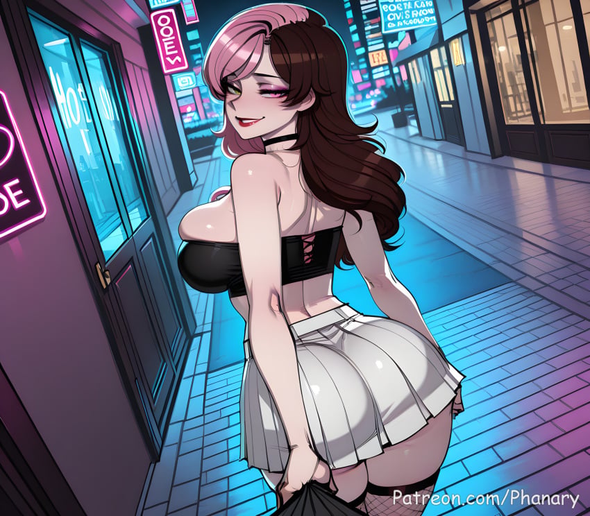 1female 1girl 1girls 2026 absurdres aesthetic ai_generated anime anime_style artist_name ass back bare_shoulders beautiful beautiful_female beautiful_girl big_ass big_breasts bitch black_choker blurred_background blush blush_lines blushing blushing_female breasts brown_eyes brown_hair bubble_ass bubble_butt building choker city city_lights clothes_grab curvy curvy_body curvy_female curvy_figure curvy_hips curvy_thighs cute cute_face digital_art digital_painting english_text eyeshadow fishnet_thighhighs fishnets from_behind grin heterochromia high_quality highres huge_ass huge_breasts large_ass large_breasts line_art lips lipstick long_hair looking_at_viewer looking_back makeup manga_style midriff miniskirt multicolored_hair multiple_panels narrow_waist naughty_face neo_(rwby) neon_lights neopolitan_(rwby) night outdoors parted_lips patreon patreon_link patreon_logo patreon_username phanary pink_eyes pink_hair pleated_skirt pov prostitute prostitute_clothes prostitutes prostitution red_lips rooster_teeth rwby seductive_smile sexy sexy_body sexy_female sexy_pose shiny_skin skindentation skirt slut smile smirk soft_shading solo solo_focus split-color_hair strapless thick thick_thighs thighhighs thighs tight_clothes tube_top two-tone_hair viz_media watermark web_address white_skirt wide_hips