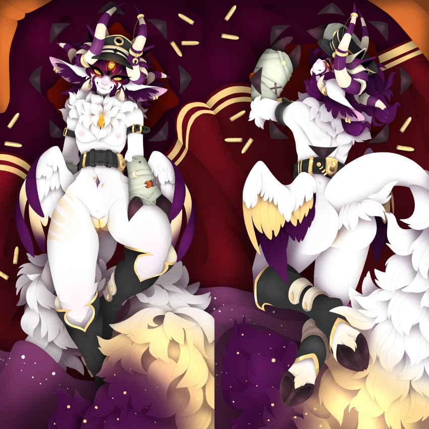 1:1 2021 3_eyes absurd_res animal_humanoid anthro ass ass_up belt big_butt blush body_pillow bovid breasts bullet caprine caprine_demon clothing dakimakura_design dakimakura_pillow dakimakura_pose dakimakura_style demon digital_media_(artwork) ear_piercing ear_ring feathers feet female fluffy fur genitals glowing goat goat_demon gold_(metal) gold_jewelry hair hat headgear headwear hi_res hooves horn horn_jewelry humanoid hybrid jewelry looking_at_viewer mammal mammal_humanoid military military_cap military_uniform multi_eye navel navel_piercing nipples nude piercing pillow pinup pose presenting purple_hair pussy sex simple_background small_breasts smile solo solo_focus striped_body stripes taiga-blackfield tongue tongue_out uniform white_body white_fur yellow_eyes