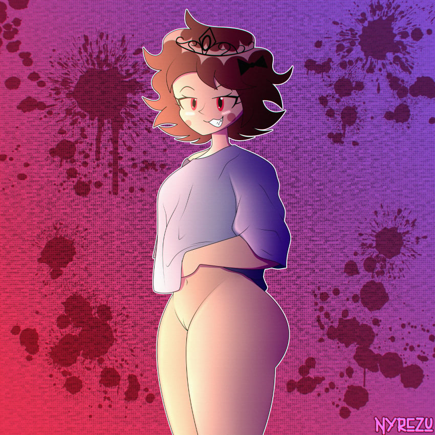 1girl 2d alice_(fundamental_paper_education) almost_naked belly big_ass big_butt black_lace blushing brown_hair fundamental_paper_education large_shirt naughty_smile nyrezu red_eyes sharp_teeth thicc thicc_thighs thick_thighs tiara vagina vagina_exposed