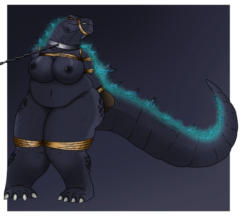 angry anthro arms_tied bagged bdsm big_breasts bondage bound bound_and_gagged breasts chain collar female gag gagged glowing godzilla godzilla_(series) hands_behind_back hi_res kaiju lovemummification metal metal_collar nipples non-mammal_breasts non-mammal_nipples nude overweight overweight_female reptile rope rope_gag scalie snarling solo spikes teeth thick_thighs toho