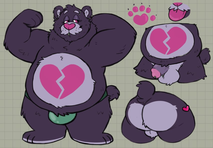 2021 anthro ass balls belly black_body black_fur bulge campfire_donut care_bears clothing fur genitals hi_res humanoid_genitalia humanoid_hands humanoid_penis male mammal model_sheet multiple_poses overweight overweight_male penis pink_nose pose solo tongue tongue_out underwear ursid