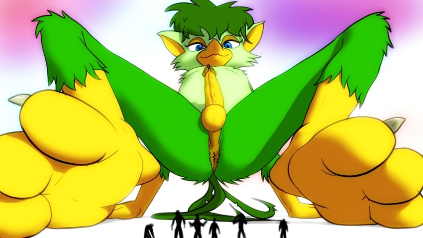 16:9 2011 ambiguous_gender anthro anus avian balls bird blue_eyes erection feathers genitals giant_male gradient_background green_body green_feathers human humanoid_genitalia humanoid_penis larger_anthro larger_male looking_at_viewer macro macro_male male mammal micro micro_ambiguous micro_on_macro nude nude_male obbie_carabynn penis perineum presenting silhouette simple_background size_difference smaller_ambiguous smaller_human widescreen xtreme7 yellow_feet yellow_penis