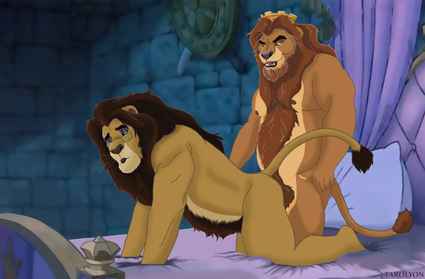 anal anal_sex anthro bed belly body_hair daddy_kink disney duo eyewear father felid feline fluffy furniture gay glasses happy_trail hi_res king king_richard lion male male/male male_only mammal mane musclegut pantherine parent penetration robin_hood_(disney) royalty sex tarolyon