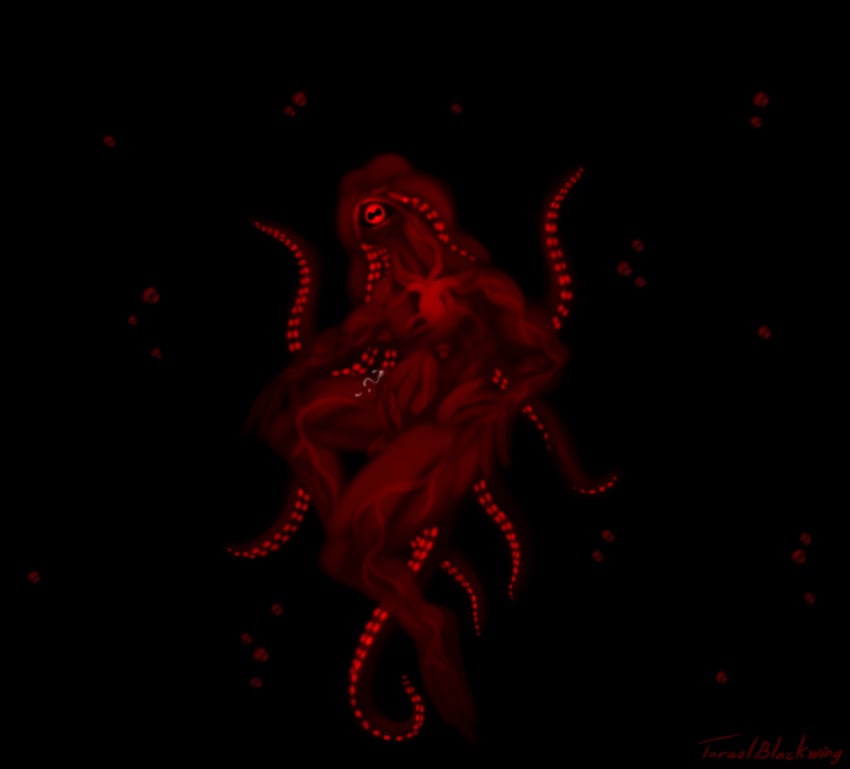 1_eye animal_humanoid areola balls bioluminescence black_and_red black_sclera bodily_fluids breasts bubble cephalopod cephalopod_humanoid darkness deity eldritch_horror erection floating foreskin futanari genital_fluids genitals glowing gynomorph hi_res horizontal_pupils humanoid humanoid_genitalia humanoid_penis intersex intersex_only looking_at_viewer marine marine_humanoid mollusk mollusk_humanoid monochrome mouthless nipples nude penis precum precum_string pupils red_body red_eyes rhodaab solo taraelblackwing tentacle teratophilia translucent translucent_body underwater vein veiny_penis water