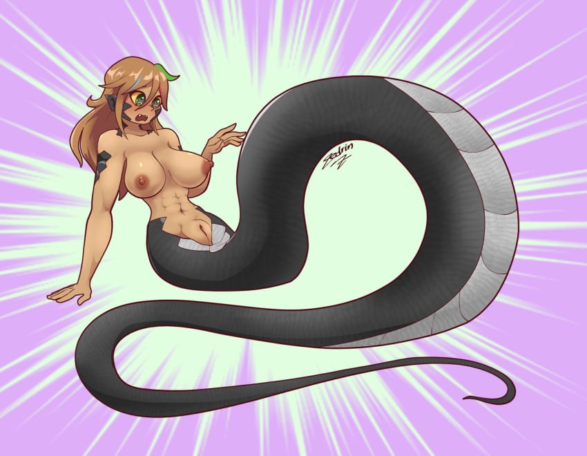 1girls brown_hair dark-skinned_female dark_skin green_eyes lamia monster_girl multicolored_hair oc pointy_ears pussy rika_dimensional_ninja scales snake_girl suprised topless unusual_pupils watermark zedrin