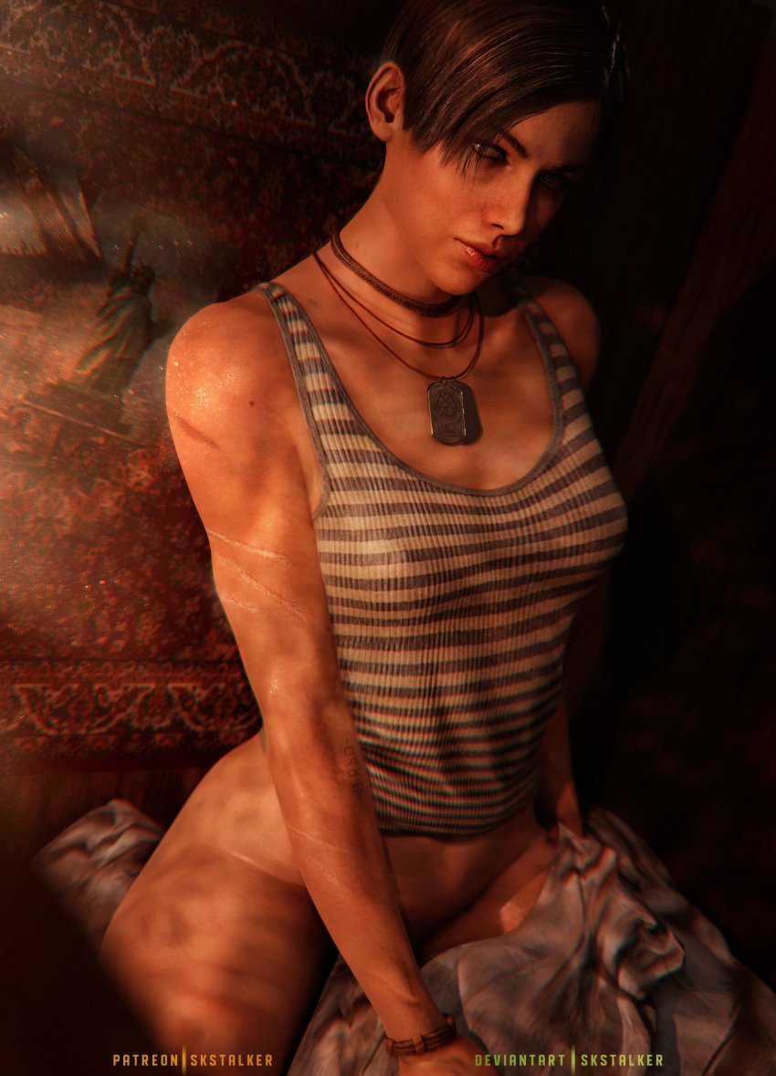 1girls 3d 3d_(artwork) absurd_res anna_miller_(metro) bare_arms bare_legs bare_shoulders bottomless bracelet brown_hair choker dog_tags female female_focus female_only functionally_nude looking_at_viewer medium_breasts metro_(series) metro_exodus mostly_nude nipple_bulge no_panties shirt short_hair skstalker solo solo_female solo_focus t-shirt