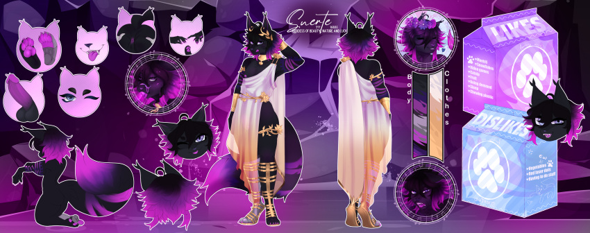 absurd_res anthro ass blue_eyes canid canine canis clothing deity domestic_cat felid feline felis genitals girly gold_(metal) gold_jewelry hair hi_res jewelry lollipopfears male mammal model_sheet mythic_doom pawpads penis purple_hair purple_penis robe