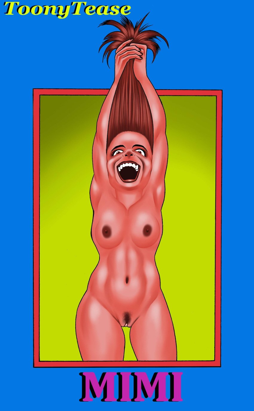 brown_hair eyelashes female first_porn_of_franchise hair medium_breasts monster_vitamins open_mouth pink_skin pubic_hair screaming solo toonytease yelling