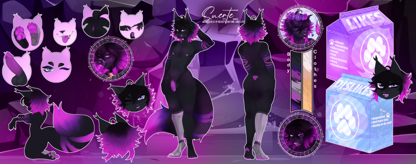 absurd_res anthro ass blue_eyes deity domestic_cat felid feline felis genitals girly hair hi_res lollipopfears male mammal model_sheet mythic_doom pawpads penis prosthetic purple_hair solo thick_thighs