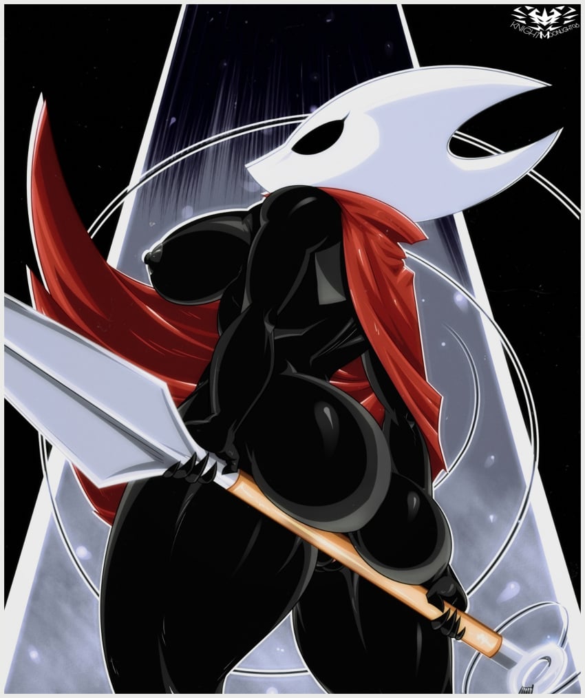 ass big_breasts big_butt black_body breasts cape cloak female genitals hi_res holding_object holding_weapon hollow_knight hornet_(hollow_knight) knightmoonlight98 not_furry pussy red_cape solo team_cherry vessel_(species) video_games weapon