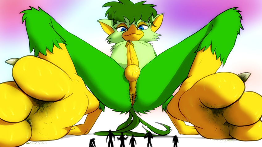 16:9 2011 ambiguous_gender anthro anus avian balls bird blue_eyes bodily_fluids dirty_anus dirty_feet erection feathers feet genitals giant_male gradient_background green_body green_feathers human humanoid_genitalia humanoid_penis larger_anthro larger_male looking_at_viewer macro macro_male male mammal micro micro_ambiguous micro_on_macro nude nude_male obbie_carabynn penis perineum presenting silhouette simple_background size_difference smaller_ambiguous smaller_human sweat sweaty_feet widescreen xtreme7 yellow_feet yellow_penis