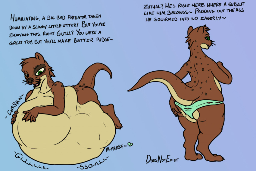 after_vore ambiguous_gender ambiguous_prey anthro anthro_pred black_nose brown_body brown_markings bryce_daeless clothing countershading digestion doesnotexist duo english_text eye_markings green_eyes looking_back lutrine male male_pred mammal markings mustelid panties paws rathalos122 smaller_pred solo_focus spots stomach_bulge tan_body text underwear vore weight_gain