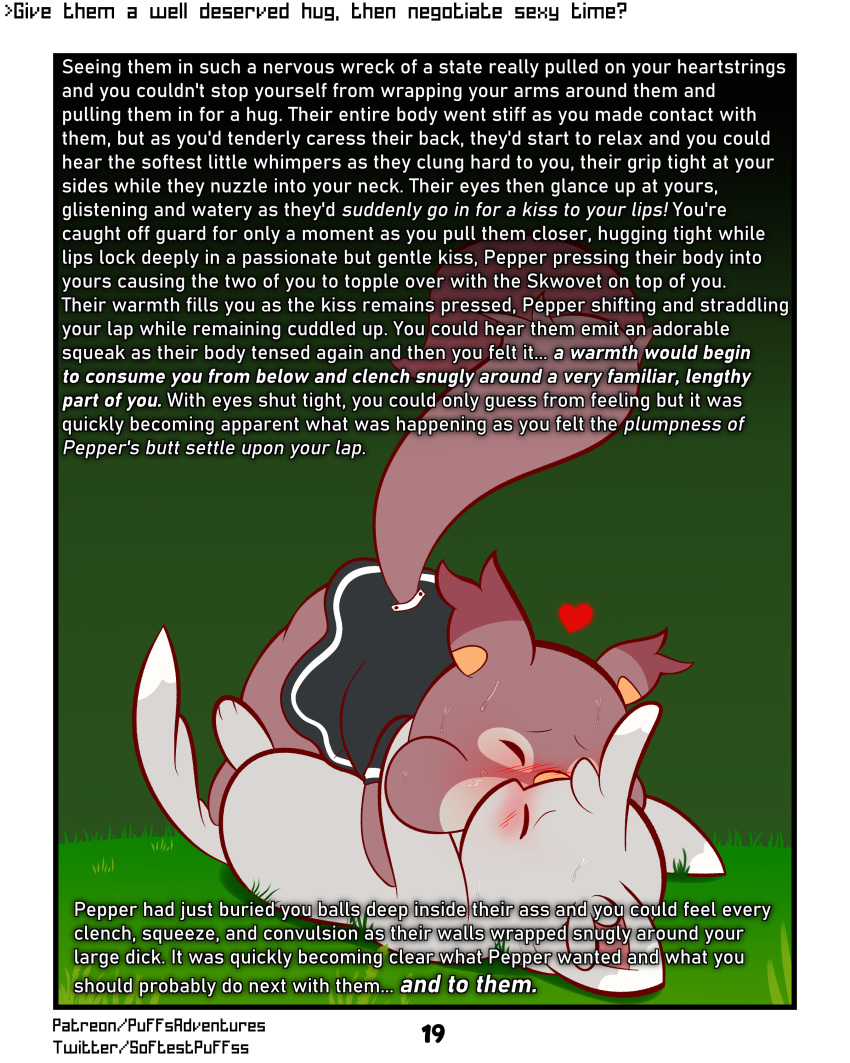 4:5 absurd_res anal anal_sex blush bodily_fluids brown_body brown_fur clothed clothing comic crossdressing dress duo embrace explicit_text fluffy fluffy_tail fur grey_body grey_fur hi_res hug kissing male male/male minccino nintendo on_top penetration pepper_(rodent_powered) pokémon_(species) pokemon pokemon_(species) pokemon_mystery_dungeon robin_(rodent_powered) rodent_powered_(softestpuffss) semi-anthro skwovet softestpuffss sweat video_games