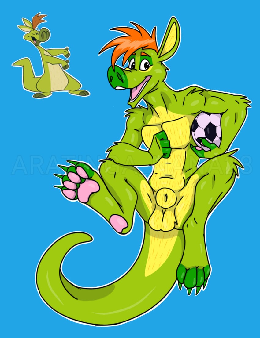 anthro balls bongo bongo_(meu_amigaoz&atilde;o) brasil brazilian cartoon feet fluffy fluffy_balls furry furry_only gay green_body green_fur kangaroo male male_furry meu_amigaoz&atilde;o paws paws_on_balls penis_slit red_hair slit solo_male tail