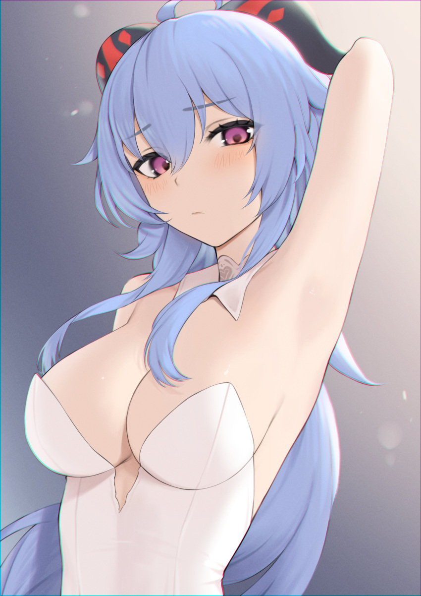 absurd_res absurdres ahoge arm_above_head arm_up armpits bare_armpits bare_arms bare_chest bare_shoulders bare_skin black_horn black_horns blue_eyebrows blue_hair blue_hair_female blush blush_lines blushing_at_viewer blushing_female breasts cleavage covered_areola covered_areolae covered_breasts embarrassed embarrassed_female exposed exposed_armpits exposed_arms exposed_shoulders eyebrows_visible_through_hair female ganyu_(genshin_impact) genshin_impact gradient_background grey_background hand_above_head hand_up high_resolution highres horn horns leotard long_hair looking_at_viewer lordol low_ponytail medium_breasts purple_eyes purple_eyes_female red_horn red_horns sideboob sidelocks skinny skinny_female skinny_girl skinny_waist slender_body slender_waist slim_girl slim_waist solo thin_waist white_leotard yellow_background