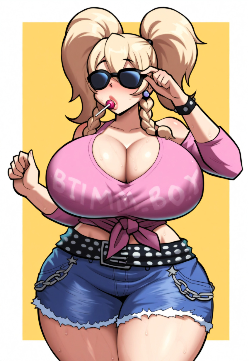 ai_generated big_lips bimbo blonde_hair huge_ass huge_breasts jean_shorts lollipop pink_shirt sunglasses twintails wide_hips