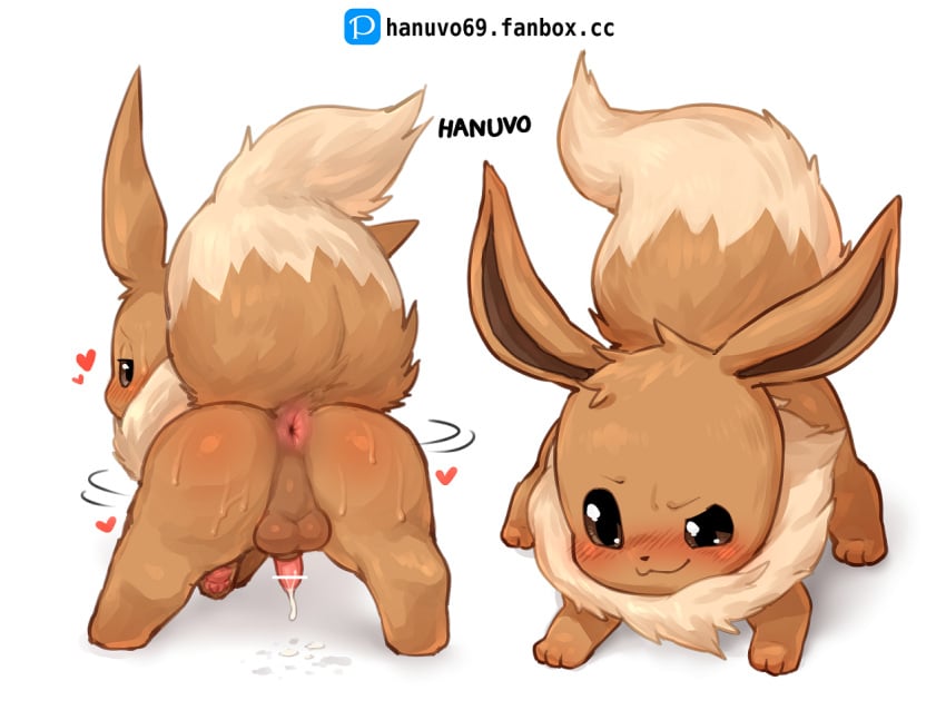 4:3 anus ass balls blush brown_body brown_fur censored eevee feral fur furry furry_only genitals hanuvo heart hi_res looking_back male male_only multicolored_body multicolored_fur nintendo penis pokémon_(species) pokemon solo tail two_tone_body two_tone_fur video_games white_background