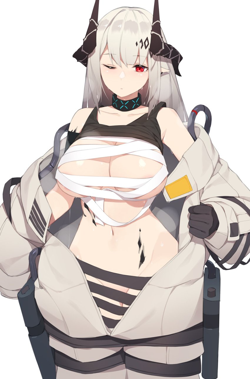 1girls areolae arknights ce-_-3 female horns huge_breasts mudrock_(arknights) pepper0 red_eyes