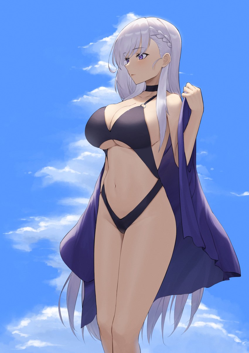 1girls absurd_res absurdres adult adult_female armpits azur_lane bare_armpits bare_arms bare_belly bare_calves bare_chest bare_hands bare_hips bare_knees bare_legs bare_midriff bare_navel bare_shoulders bare_skin bare_thighs bare_torso belfast_(azur_lane) belly belly_button bikini black_bikini black_choker black_one-piece_swimsuit black_swimsuit black_swimwear blue_background blue_sky braid braided_hair breasts choker cleavage clouds collarbone crown_braid curvy curvy_body curvy_female curvy_figure curvy_hips curvy_thighs day daylight daytime elbows exposed exposed_armpits exposed_arms exposed_belly exposed_legs exposed_midriff exposed_shoulders exposed_thighs exposed_torso female female_focus female_only fingers groin half_naked hands_up high_resolution highres hourglass_figure knees knees_together large_breasts legs legs_together light-skinned_female light_skin lips long_hair lordol mature mature_female naked naked_female navel nude nude_female o-ring o-ring_bikini o-ring_top one-piece_swimsuit outdoor outdoors outside purple_eyes purple_eyes_female pussy shoulders sideboob simple_background sky slender_body slender_waist slim_girl slim_waist solo standing swimsuit swimwear thick_thighs thighs thin_waist underboob undressing undressing_self upper_body v-line white_eyebrows white_hair white_hair_female wide_hips