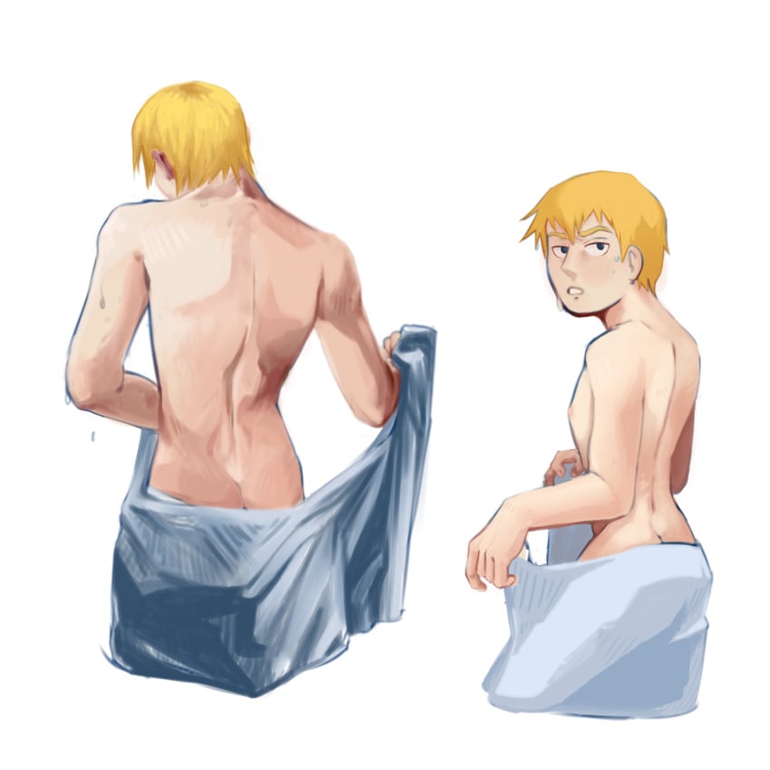 1boy arataka_reigen bath_towel blonde_hair gay male male_only mob_face mob_psycho_100 serirei towel_around_waist wet