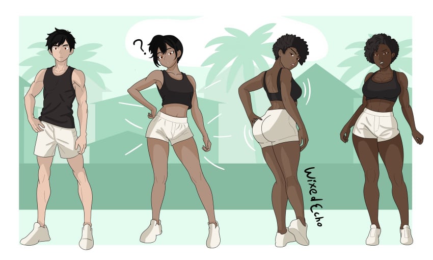 ass_expansion before_and_after breast_expansion dark-skinned_female ebonization female gender_transformation hair_growth huge_ass huge_breasts midriff mtf_transformation navel race_swap thick_thighs thigh_expansion transformation wide_hips wixedecho