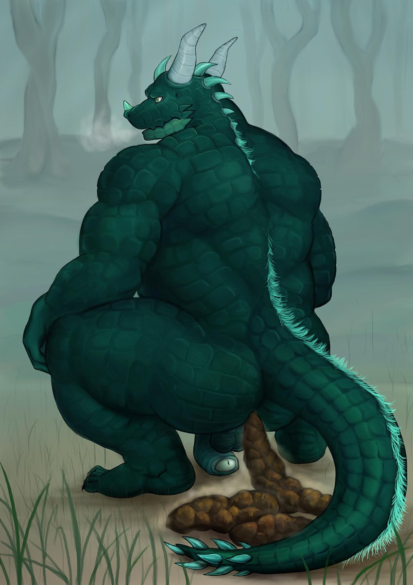 absurd_res anthro ass balls claws crouching dragon feces feces_pile genitals green_body green_scales hi_res horn humanoid_genitalia humanoid_penis male manly meguru_salmon muscular muscular_male mythological_creature mythological_scalie mythology nude penis pooping_on_floor scales scalie scat solo
