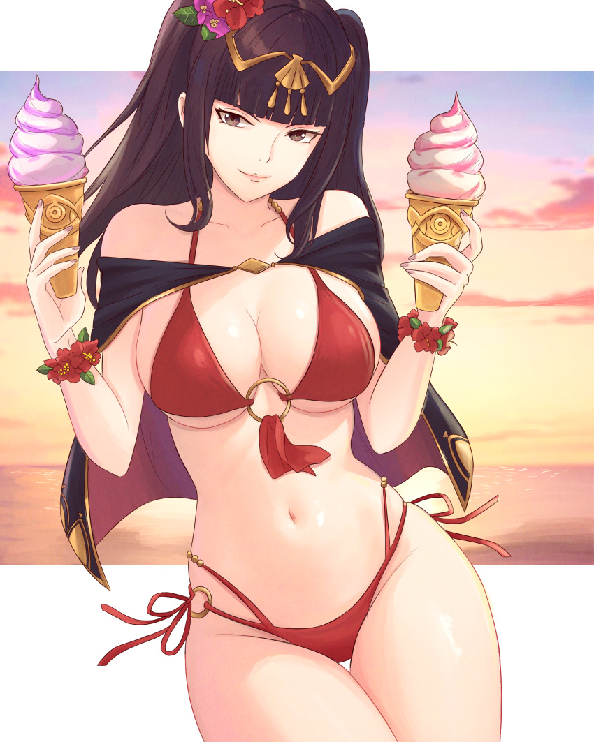 1girls absurdres alternate_costume bikini black_cape bougainvillea_(flower) bracelet breasts cape cleavage female female female_only fire_emblem fire_emblem_awakening fire_emblem_heroes flower flower_bracelet food highres ice_cream jewelry large_breasts looking_at_viewer nintendo o-ring o-ring_bikini ocean official_alternate_costume outdoors pink_flower plumeria red_bikini red_flower red_petals red_swimsuit sideboob smile solo sunset swimsuit tharja_(fire_emblem) tharja_(summer)_(fire_emblem) tiara truejekart two-tone_cape underboob