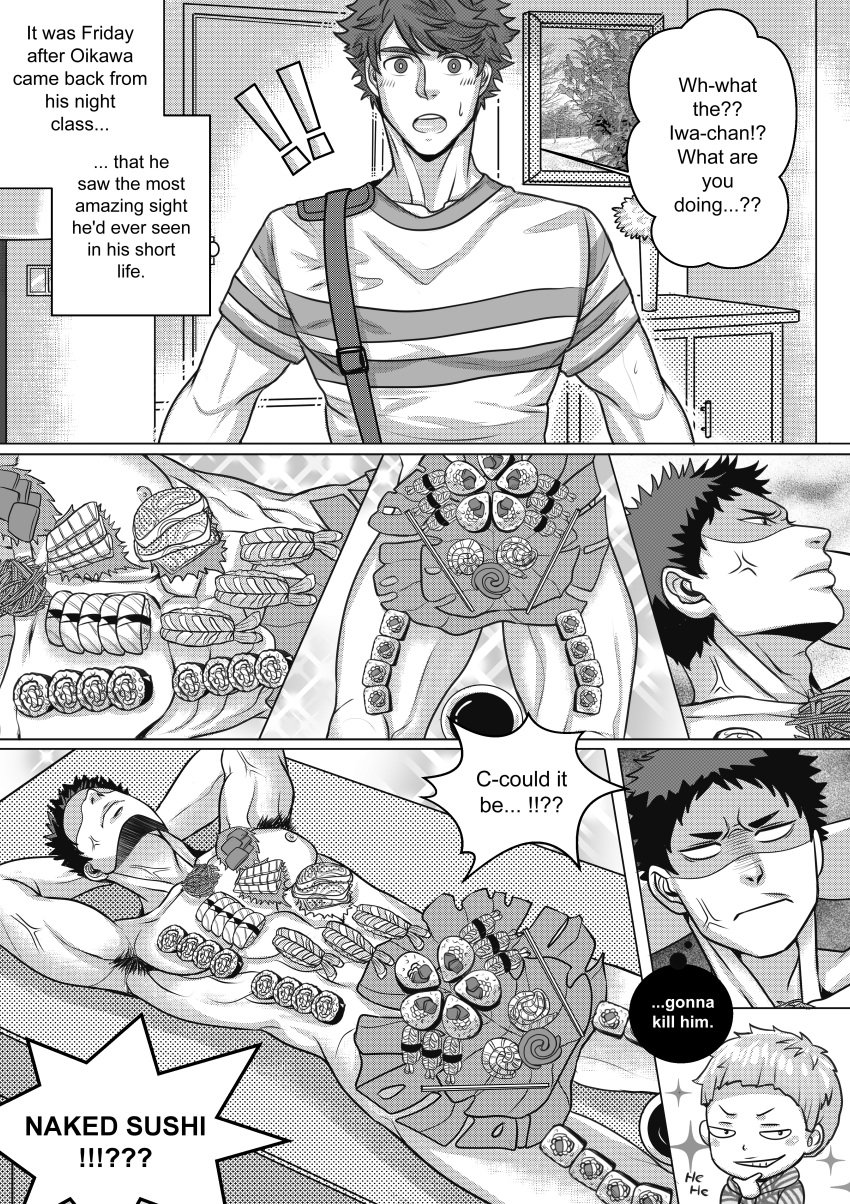 college_student comic_page commission dumbass faggot flipping_off gay greyscale haikyuu!! hairy_armpits hanamaki_takahiro human_furniture iwaizumi_hajime kuckoonut naked_male naked_sushi nyotaimori oikawa_tooru_(haikyuu!!) peeing sissy soy_sauce sushi urinating urine urine_stream yaoi