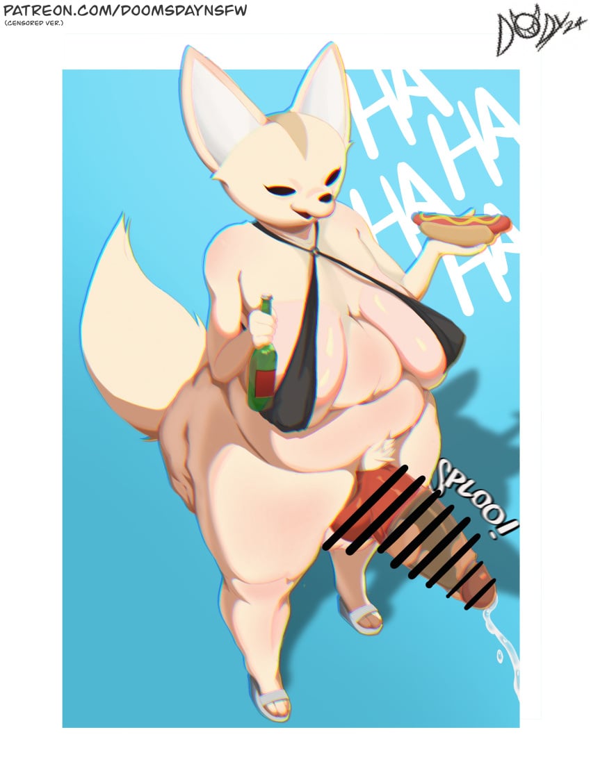 1futa 3_toes 4_fingers absurd_res aggressive_retsuko aggretsuko alternate_version_at_source alternate_version_available anthro artist_logo artist_name artist_signature balls beer beer_bottle beige_fur beige_skin belly belly_button bottle bottomless censored censored_penis chubby clavicle cum cum_drip digital_drawing_(artwork) digital_media_(artwork) doomsday_(doomsday-ent) ejaculation english_text fat_ass fat_rolls fennec fennec_fox fenneko food fox fur furry_only futa_focus futa_only futanari hi_res hot_dog intersex knotted_penis large_breasts large_penis laugh laughing micro_bikini mustard navel onomatopoeia open_mouth penis plump pubic_hair reward_available sandals sanrio self_upload semen shortstack tail thick_thighs thunder_thighs wedge_heels wide_hips