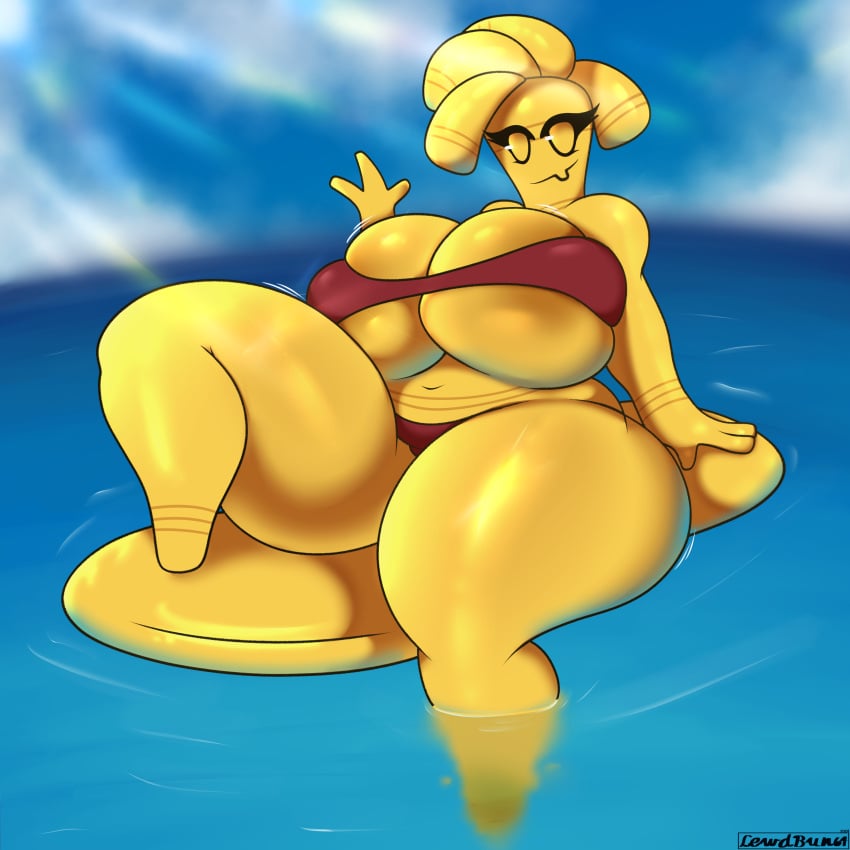 big_breasts bikini generation_9_pokemon gholdengo golden_body lewd_bun_64 looking_at_viewer ocean pokemon pokemon_(species) red_bikini strugglebunny surfboard thick_thighs water waving_at_viewer